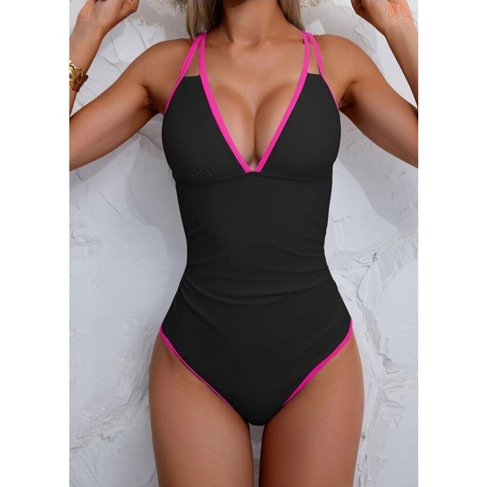 ∆19 MSRP $29 NWT BLACK/NEON PINK V-NECK TUMMY CONTROL SWIMSUIT ♡SIZE M♡ 2 AVBL.